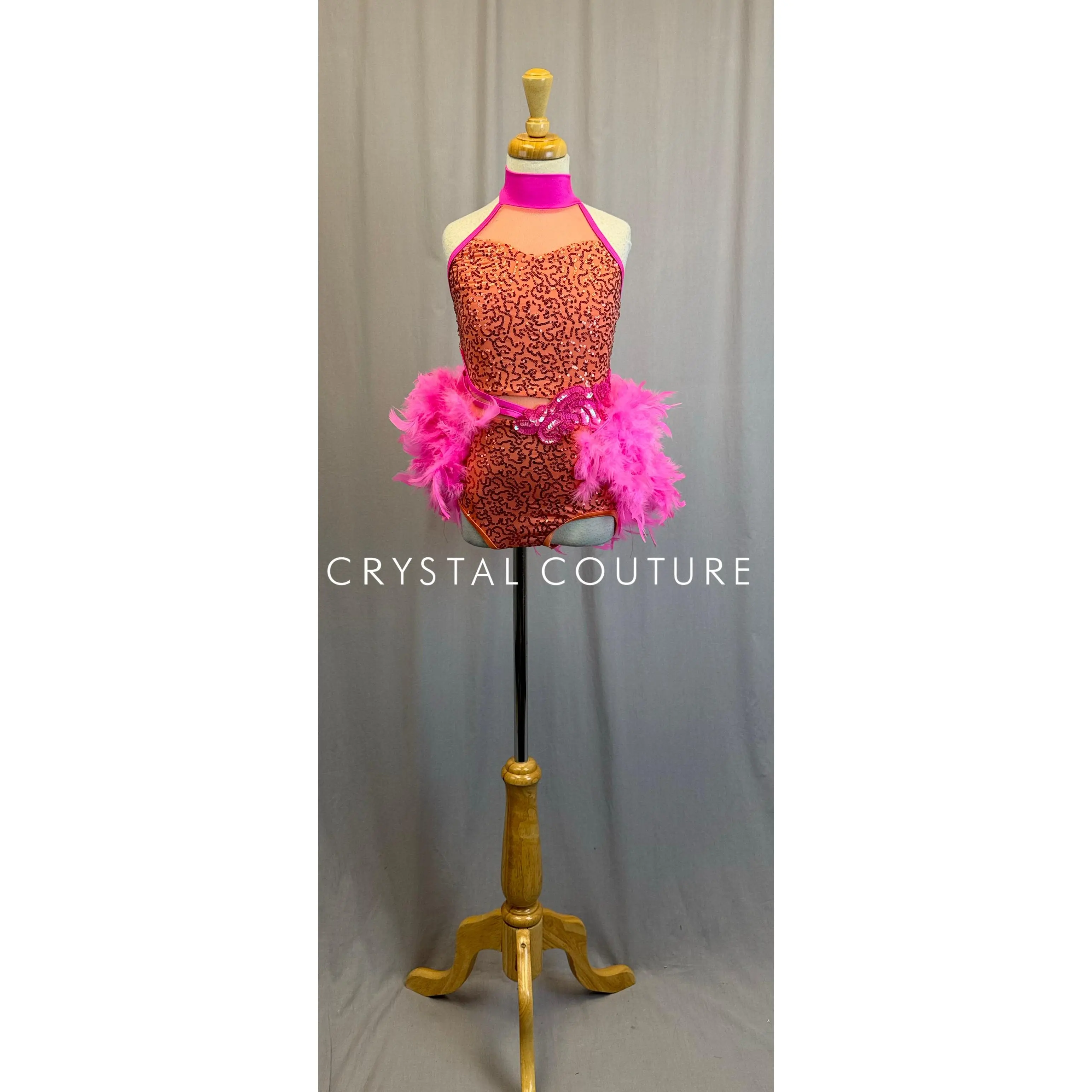 *Brand New* Peach Sequin Leotard with Pink Feather Skirt