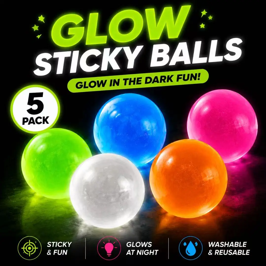 Glow Sticky Balls 5 Pack, Glow in the Dark Sticky Wall Balls for Kids, Ceiling & Wall Sensory Fidget Toy, Reusable Stretchy Stress Relief Toy, Night Play Room Decor