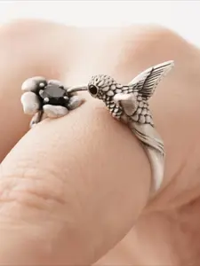 Bohemian Design Open Ring with Bird and Flower Elements, Vintage Style Unique Women's Party and Vacation Ring, Boho Style Rings