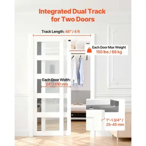 SummerWinsVEVOR Bypass Sliding Door Hardware Kit, 4 ft Aluminum Alloy Dual-Track Bypass Door Hardware, Smooth and Quiet Sliding, Easy to Install, for 1 to 1 3/4 Thickness 24 Width 2 Door System, for Closet, Bypass Type, Dual Tracksdealsforyoudays