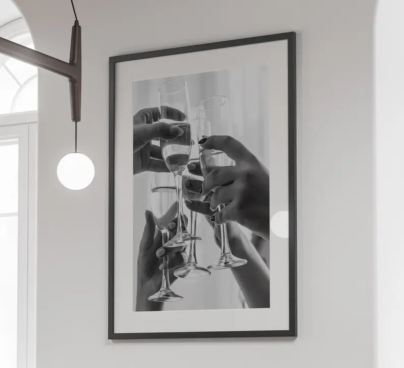 Cheers Print, Champagne Toast Poster, Black and White, Cocktail Wall Art, Bar Cart Print, Alcohol Poster, Home Bar