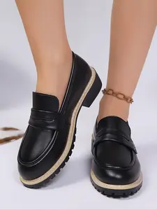 Women's Fashion Chunky Heel Loafers, Casual Daily Comfort Low Heel Flat Shoes, Lightweight Breathable Formal Work Shoes