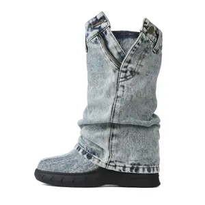 CELNEPHO Denim Mid Calf Boots for Women Round Toe Fold Over Zipper Closure Bootie Zipped Side Wedge Heel Boot Fashion Party Biker Boots Valentine Dress Shoes
