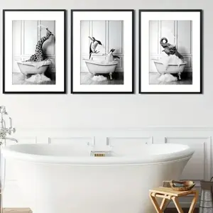 3-Piece & Animal Bathtub Bathroom Wall Art Canvas Posters, Wooden Frame Room Decor, Home Decoration Essentials