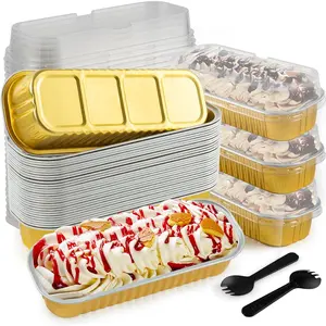 60Pcs Mini Loaf Pans with Lids and Spoons Aluminum Foil Baking Pans Rectangle Mini Cake Pan Brownie Baking Cups for Picnics Party Gold