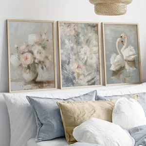 3pcs Elegant Swan & Floral Canvas Art Prints - Frameless, Soft Pastel Tones, Romantic Wall Decor for Living Room, Bedroom, Kitchen, Office, Bar, Dorm, Corridor, Home & Room Decoration, Bedroom Wall Art | Serene Room Decor | Frameless Artwork, Wall Decor