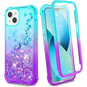 13 & 14 Case, Glitter Liquid Full  Rugged Cover with Built-in Screen Protector, Soft TPU Shockproof Girls Women Case for  13 & 14 6.1', Teal Purple