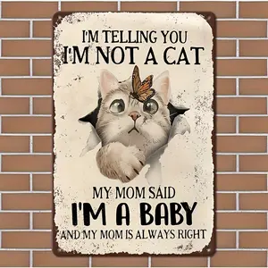 2D Flat, Humorous Retro Metal Sign "I'm Not a Cat"- Charming Cat and Butterfly Illustration, Durable Tinplate Wall Art, Suitable for Home, Office, Bar, Cafe Decoration- Easy to Hang, Fade-resistant Plaque- Ideal Gift for Cat Lovers