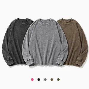 Panxu Men's Round Neck Long Sleeve T-Shirt - Vintage Acid-Wash Distressed, Oversized Loose-Fit Soft Pure Cotton Top, Ideal for Streetwear & Casual Layering
