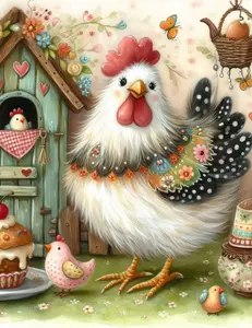 5D Full Drill Diamond Painting, Whimsical Mother Hen With Baby Chicks, Floral Cottage & Cupcake Farmhouse Style Wall Decor