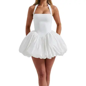 Women Sleeveless Halter Dress Summer Casual Tie up Backless Corset Bubble Party Dress for Beach Club Streetwear Drawstring Fashion
