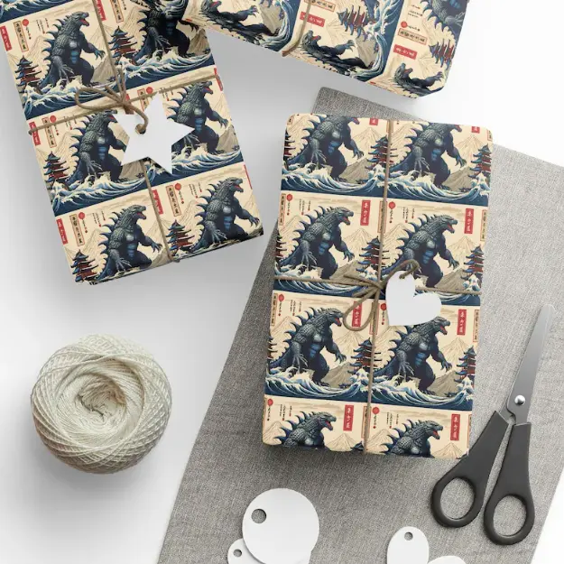 Godzilla Wrapping Paper, Kaiju Gift Wrap, Godzilla Gift, Japanese Art, Christmas Wrapping Paper or Birthday Wrapping Paper