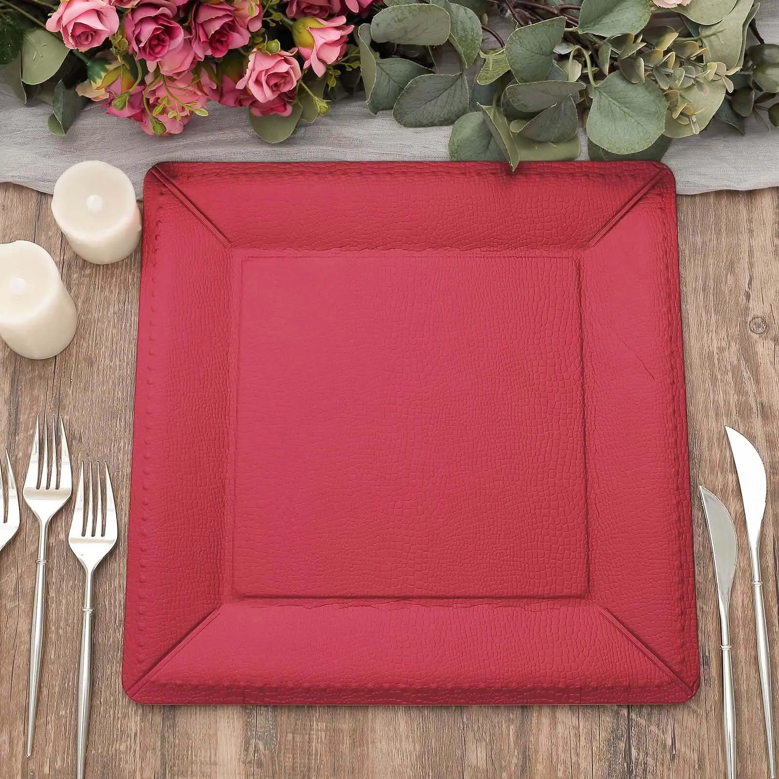 Disposable Square Charger Plates 10-Pack, 13 in Heavyweight Burgundy Leather-Like Texture 1100GSM Sturdy Paper Chargers for Weddings, Birthday, Baby Shower Home & Festive Party Supplies, Ceremony