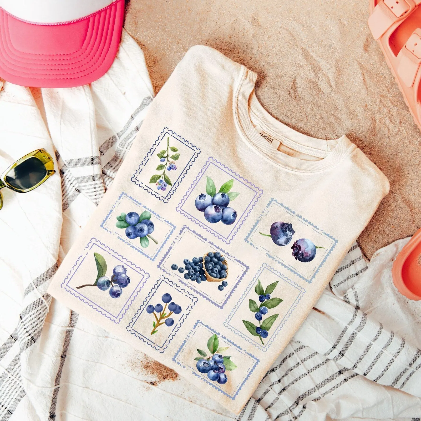 Comfort Colors Blueberry Shirt, Vintage Postage Stamp Shirt, Aesthetic Summer Tee, Farmer's Market Cottagecore Gardening Gift, Fruit Shirt