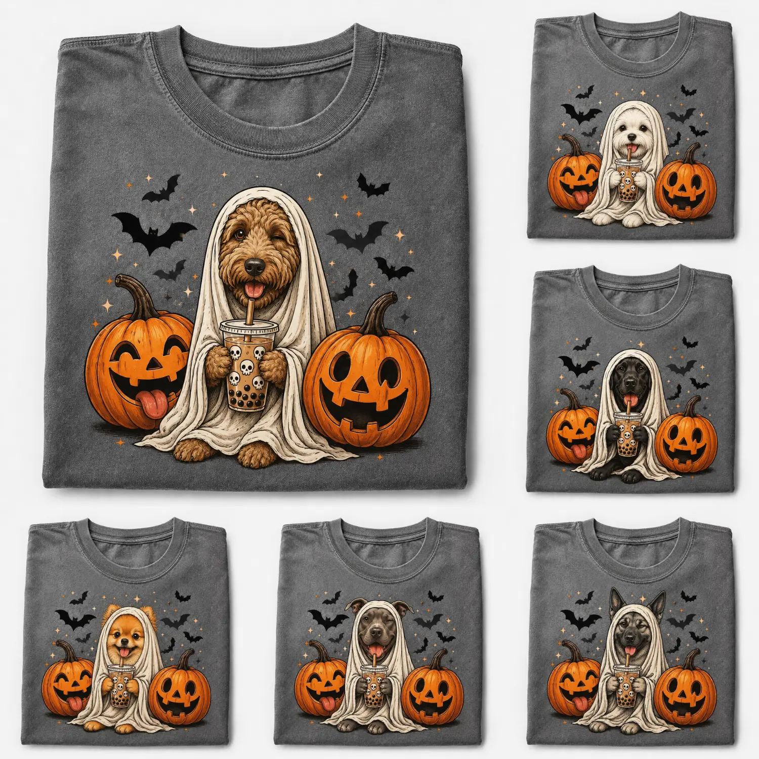 Comfort Colors Pepper Dog T-Shirt - Custom Ghost & Boba Tea Halloween Design, Funny Gift for Dog Lovers, Available for 50+ Breeds