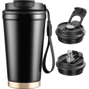 Insulated Travel Coffee Mug, 13oz Leakproof Coffee Tumblers With Strap & 2-In-1 , Vacuum-Insulated Stainless Steel  Coffee Cup For Hot & Cold Drinks(Black)