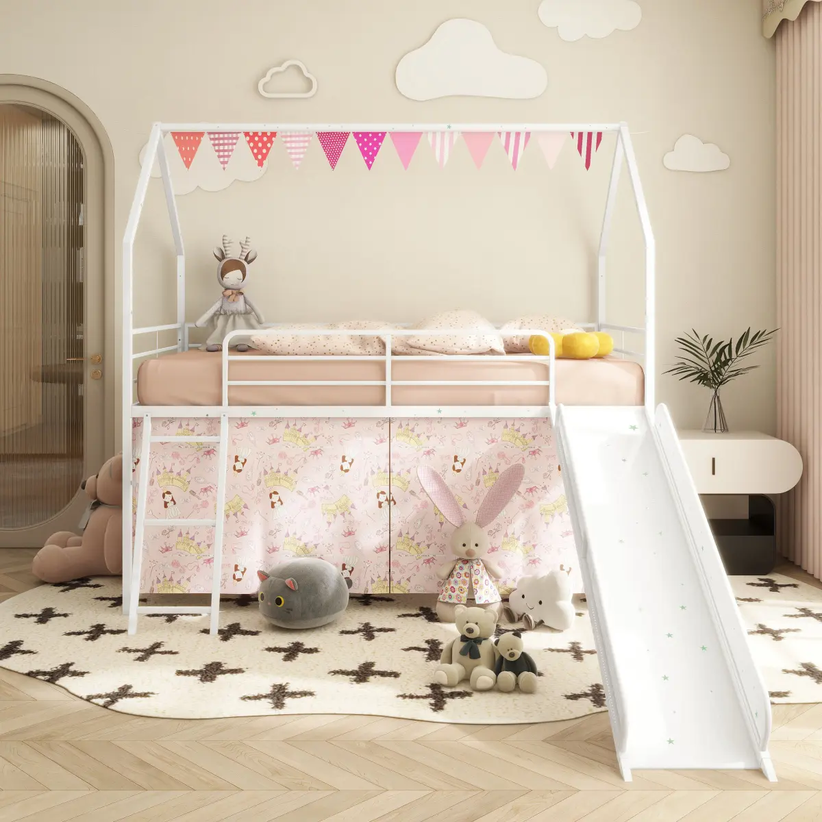 White + Pink Metal Twin Size Loft Bed with Slide, Curtain, Star Stickers, Pennant Banner & Fun Playhouse Design for Kids’ Bedroom