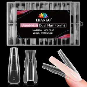 EBANKU Original Sandwich Nails Dual Forms, 240Pcs Long Coffin Nail Extension Forms, 15 Sizes Plastic Nail Mold, No Paper Forms Needed, Salon Nail Art Tools