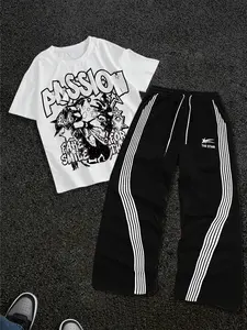 Y2K Style Unisex Two-Piece Set, Passion Letter and world wild tour Print Tee & Striped Straight-Leg Pants, Streetwear Hip-Hop Vintage American College Gift