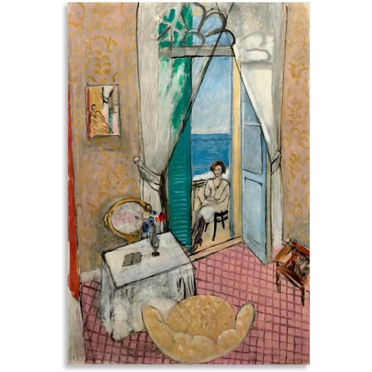 Henri Matisse 1920s Fauvism Artwork Print - Interior at Nice with Patterned Walls, Seated Figure, Multi-Size High-Res Canvas Wall Art, Framable, Real Inspection for Modern Family Bedroom Home Decor