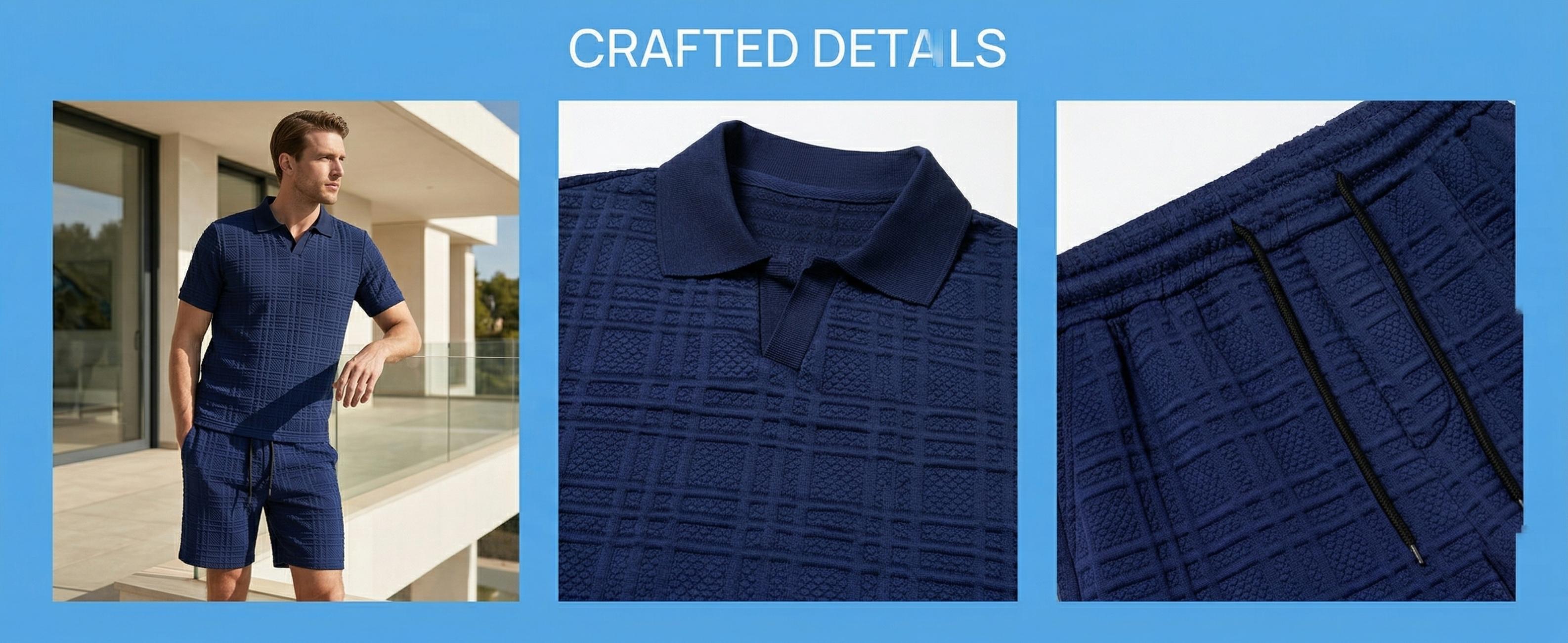 Men's Casual 2 Piece Set, Textured V Neck Short Sleeve Shirt & Shorts for Daily Wear