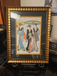 Framed Matted Japanese Woodblock Print Torii Kiyonaga Three Beauties in The Rain