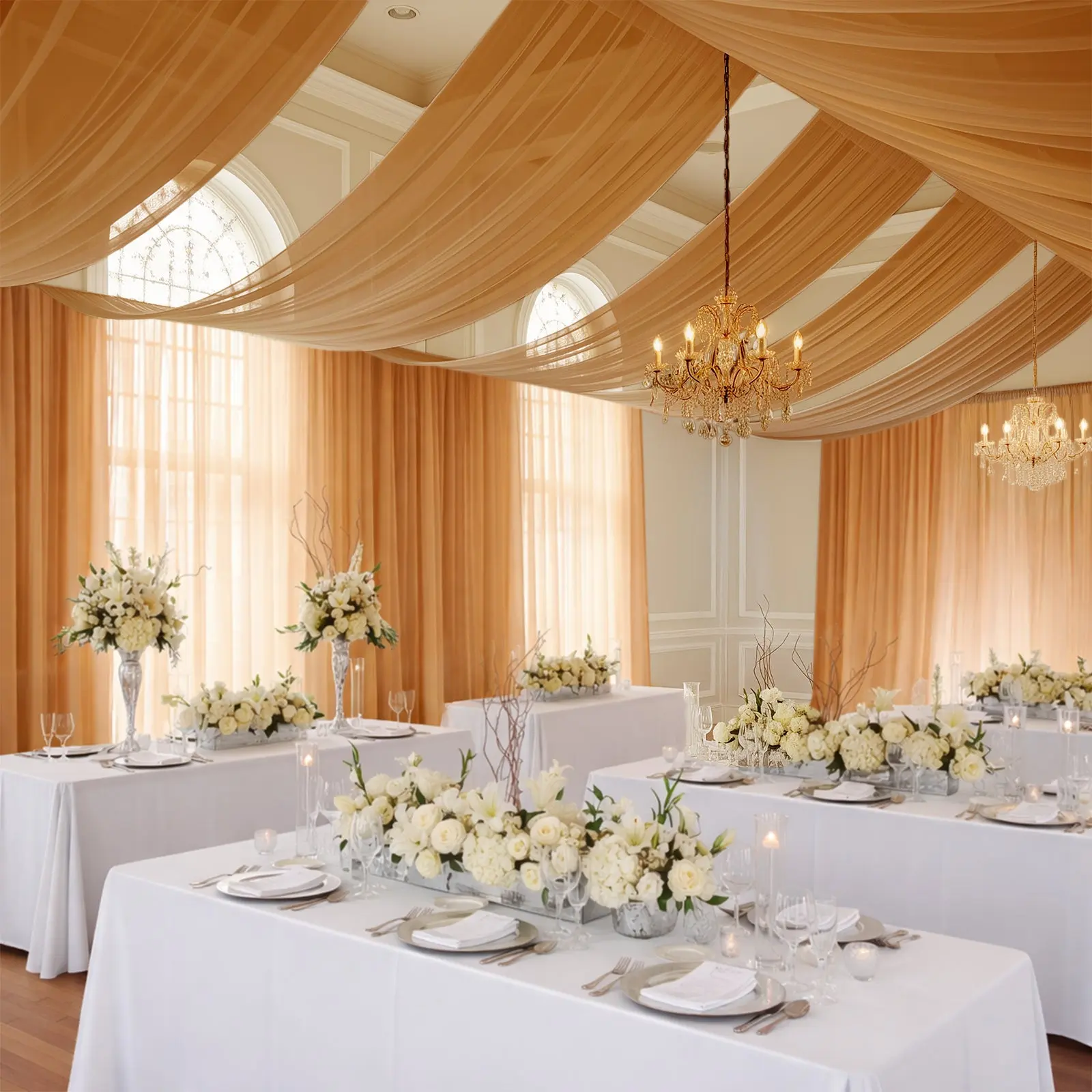 Gold Chiffon Drape Curtain - 5ftx20ft Rod Pocket Window Treatment, Durable Flame-Resistant Decor for Weddings, Party Backdrop & Photography Ceiling Panel