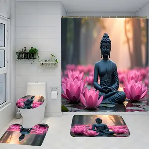 Buddha Lotus Pattern Bath Curtain Set, Shower Curtain Set, Includes Rug and Hooks, Non-Slip Mat, U-Shaped Toilet Lid Pad, Modern Home Decor Accessories