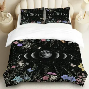 3PCS Duvet Cover Set, 1 Duvet+2 Pillowcases(Without filler), Moon Phases Floral Starry Night Butterfly theme, Halloween bedding set, Celestial Floral Bedding Suitable for decoration bedroom,dorm,guest room,living room.