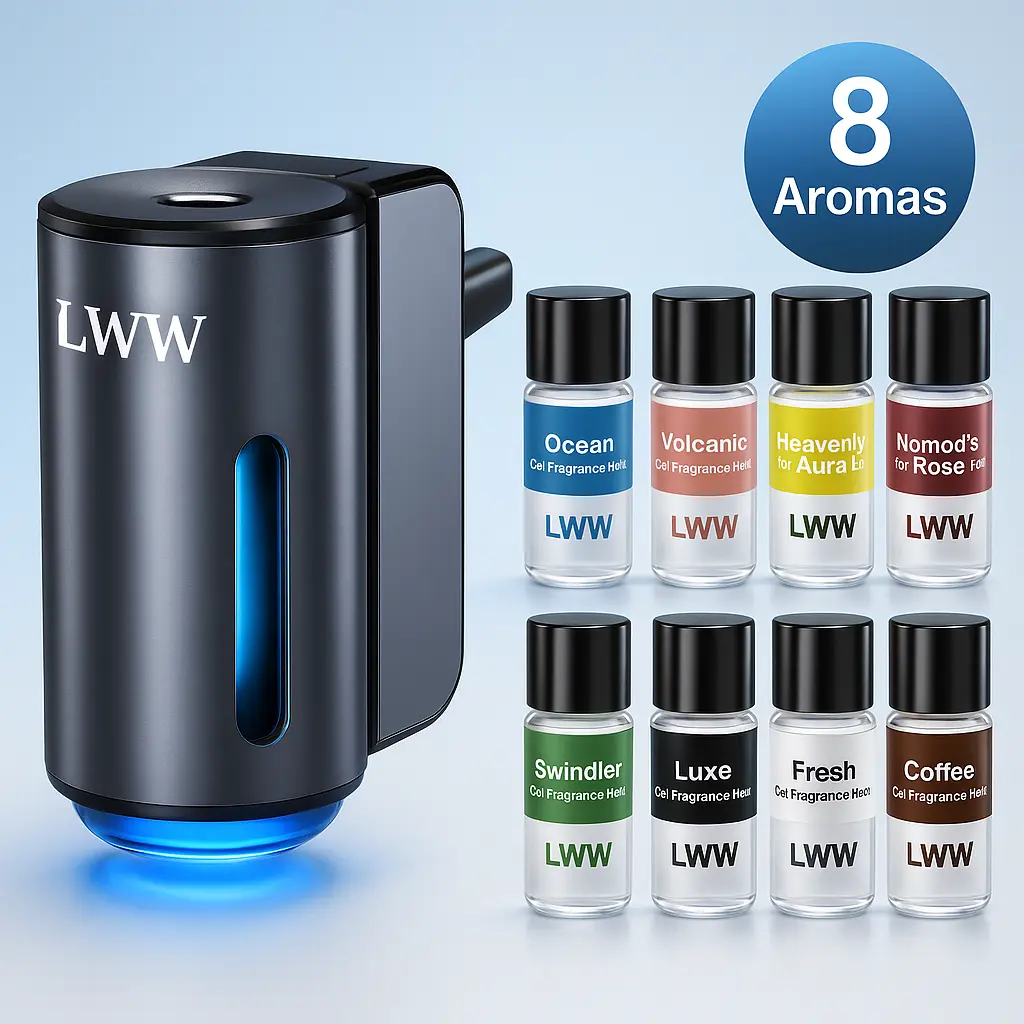 LWW Smart Car Fragrance Set - Portable Scent Diffuser, Smart Car Deodorizer Gift Set with 8 French Essential Oil Bottles, 3-Level Adjustable Intensity, USB-Rechargeable, 30-Day Battery Life for Home & Vehicle Use, Portable Scent Diffuser Car Fragrance
