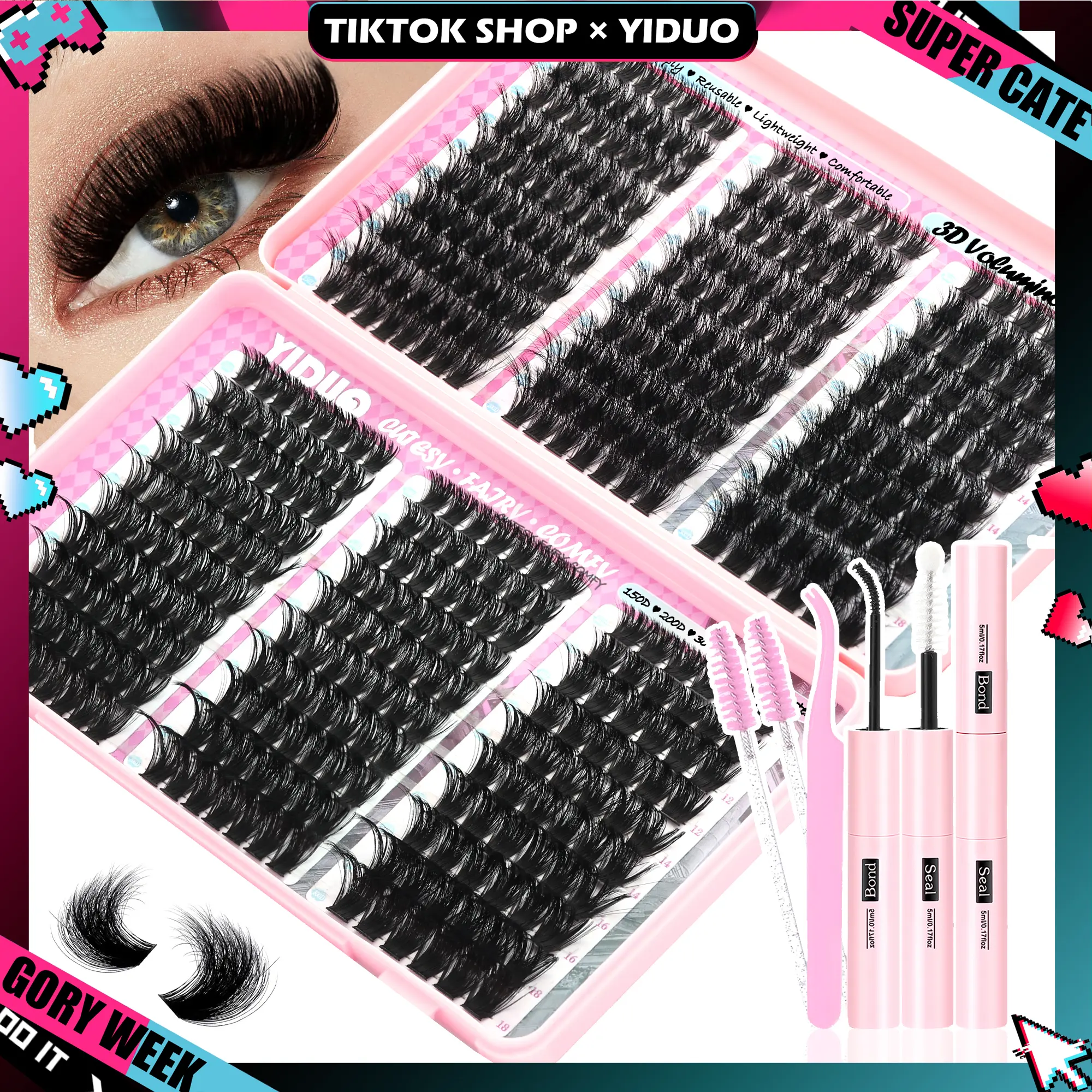 YIDUO 600pcs 540pcs 420pcs Lash Clusters Extension Kit – 9 Styles (30D/40D/50D/60D/80D/100D/150D/200D/300D), Mixed Fluffy Individual Lashes with Lash Book, Multi-Volume & High Cost-Effectiveness, Includes Bond & Seal, for Beginners & Professionals