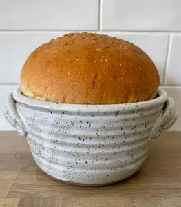 Bread Baker, Pottery Bread Baking Crock with 12 Recipes Included, Ceramic Baker, Speckled White Glaze