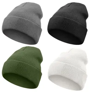 Unisex 2 or 4 Piece Fisherman Beanie Trawler Beanie Watch Hat Short Knit Cuff Roll up Edge Skullcap in Grey Black Olive White