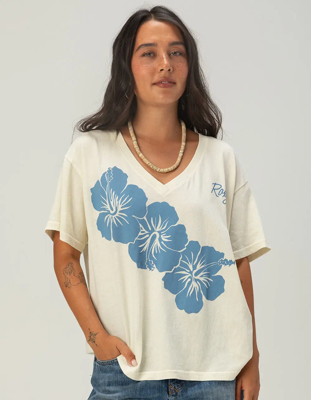 ROXY Hibiscus Womens Oversized V-Neck Tee