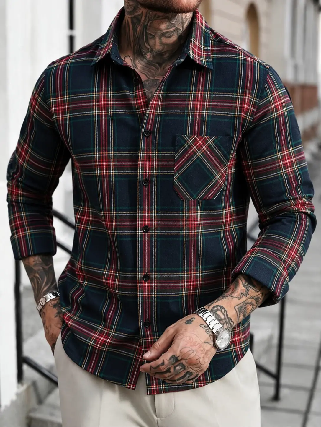 Men's Plaid Long Sleeve Shirt Casual Button Down Shirt Single Chest Pocket Lightweight Soft Flannel Style Collared Shirt Classic Checkered Shirt for Work Daily Outdoor Travel