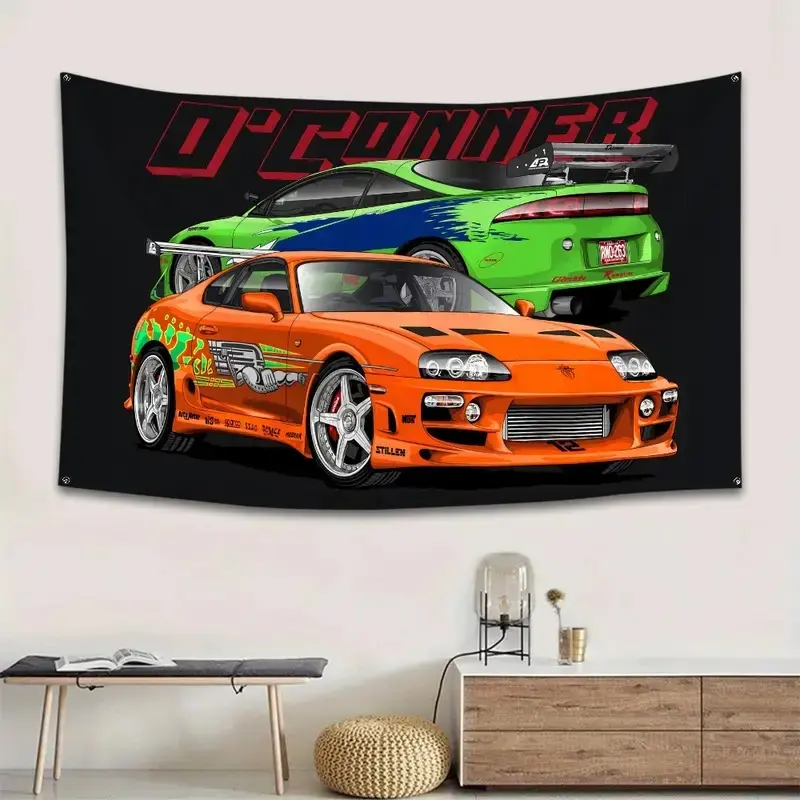 1Pc Japanese JDM Car Flag Tapestry, Bright Orange Sports Car Pattern, Durable Indoor & Outdoor Decor for Home, Garage, Party & Holidays, Car Ornament & Party Background