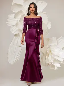 Miusol 34016A Women's Boat Neck 3/4 Sleeve Ruffle Split Wedding Guest Outfit Party Dress