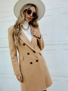 A women's camel-colored double-breasted Long Sleeve mid-length coat with a suit collar, whose simple, elegant and chic style is suitable for daily commuting, city shopping, and light business meetings, as well as refined casual or semi-formal occasions.