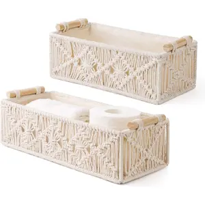 Macrame Storage Baskets Boho Decor Box Handmade Woven Decorative Countertop Toilet Tank Shelf Cabinet Organizer for Bedroom Livingroom Home, Set of 2, Ivory