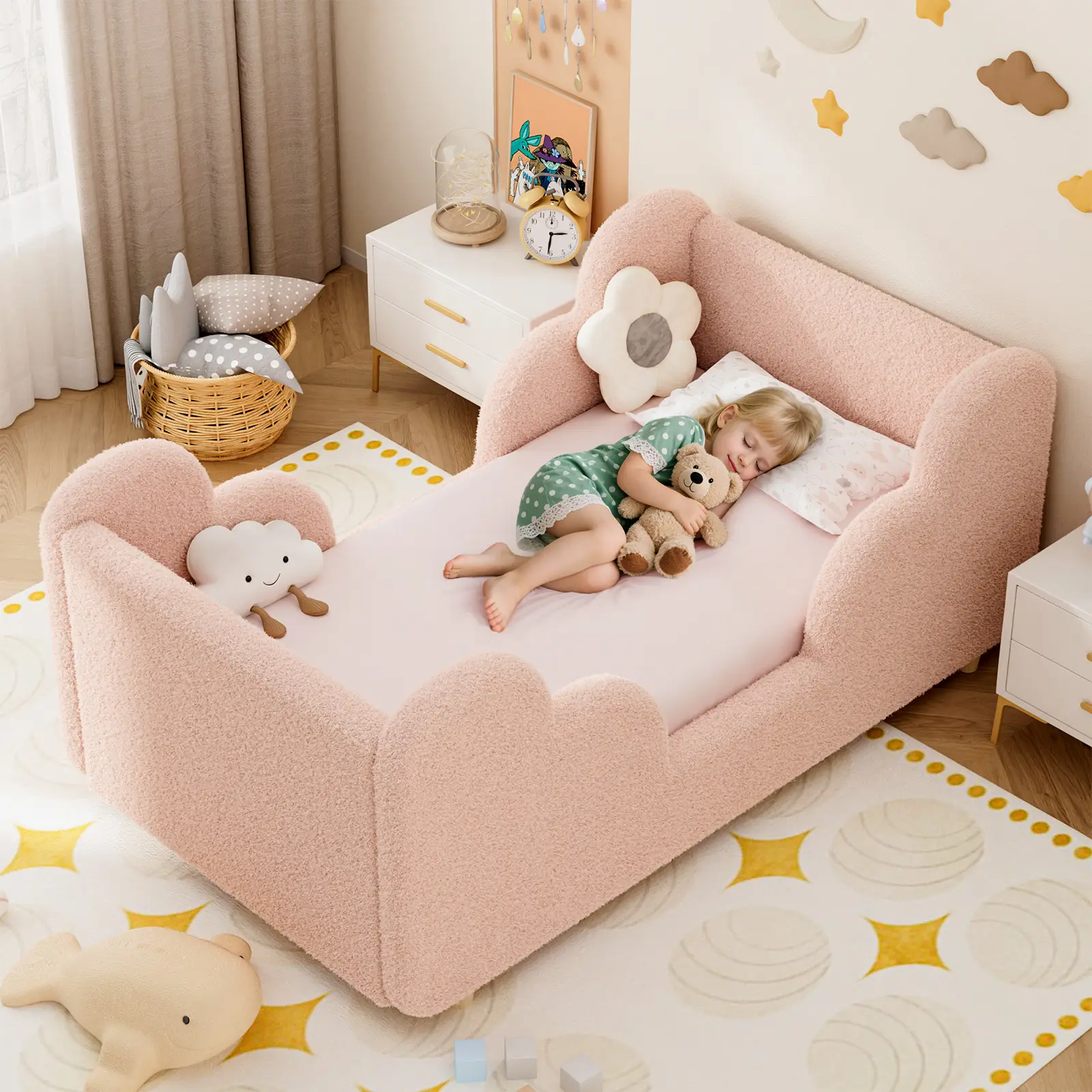 Lilypelle Toddler Bed Frame, Toddler Floor Bed Frame with Extra Safty Broad, Standard Crib Size Toddler Bed, Certified Fabric Toddler Beds Frame