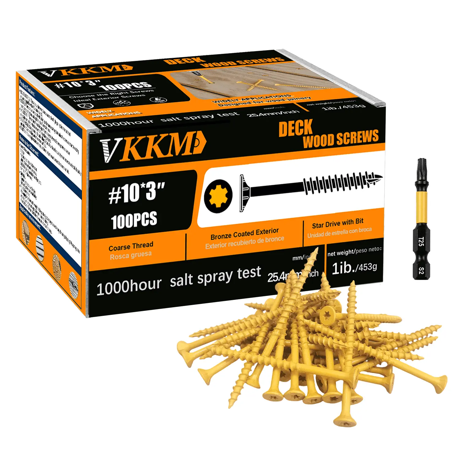 VKKM 100Pcs #10 x 3 Inch Exterior Deck Screws, T25 Torx Star Drive Self-Tapping Wood Screws, Yellow Anti-Rust Coated with Free T25 Bit for Outdoor Decks Fences