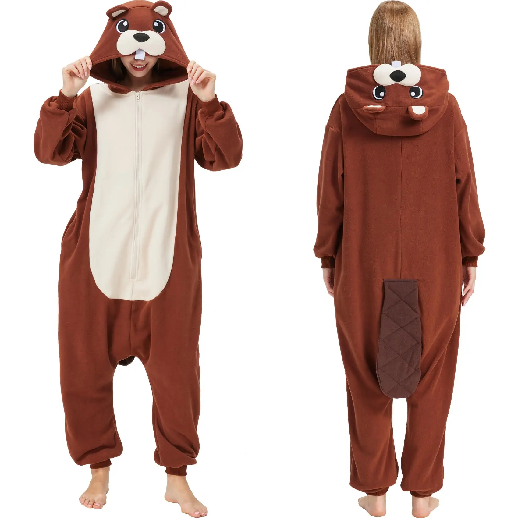 Women's Beaver Theme Animal Onesie Costume - Embroidered Eye Fleece Knit Full-Length 1-Piece Suit, Relaxed Cut Cosplay Pajamas, S-2XL Solid Zipper Set, Machine Washable Great Gift, One-Piece Suit