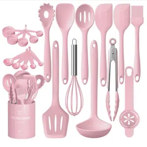 22pc Silicone Cooking Utensils Set, Heat Resistant Silicone Kitchen Spatulas Set with Holder, Cooking Gadgets Tools Set for Nonstick Cookware (Pink) Bpa