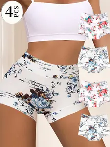 QUASTI 4Pcs Floral Pattern Cotton Ladies Panties, Breathable Super Comfort Elegant Elastic Panties for Daily Wear, High Waist Ladies Panties S-XXL, 2Colors Women Womenswear