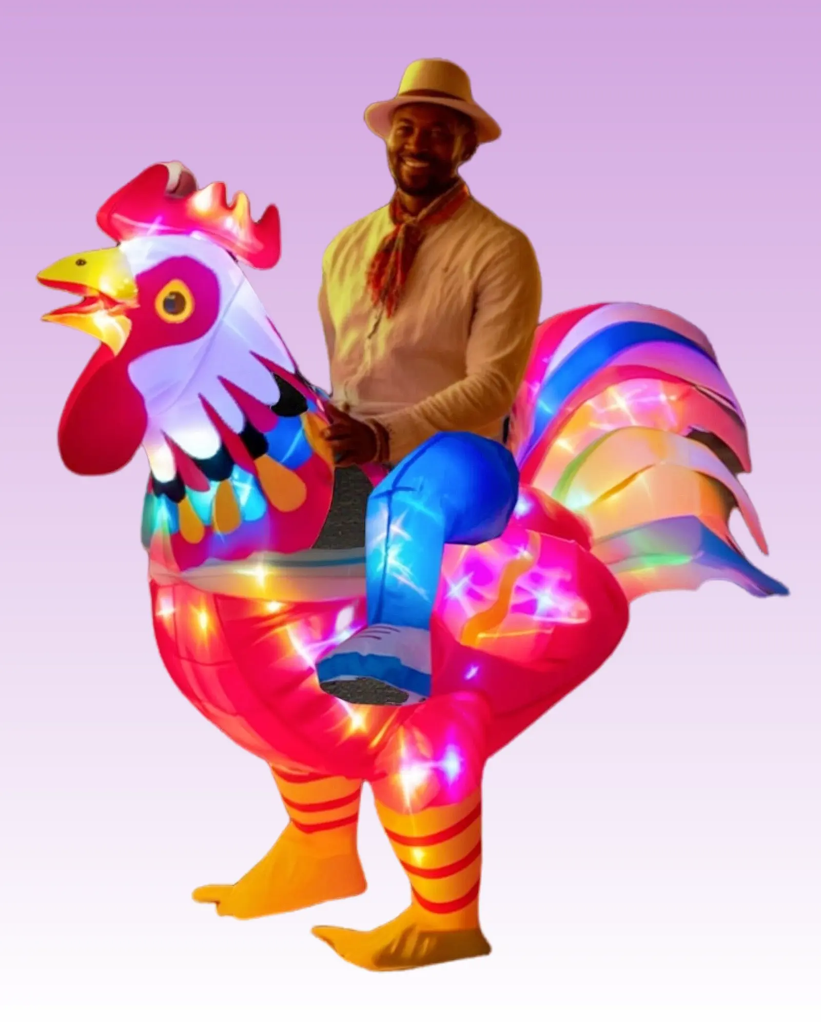 Men's Full Body Colorful Polyester Halloween Inflatable Ride-On Rooster Costume - LED RGB Lights, Music Sync, Hand Wash, Funny Special Occasion Outfit for Halloween, Festival Parties, Menswear, Giant Rooster