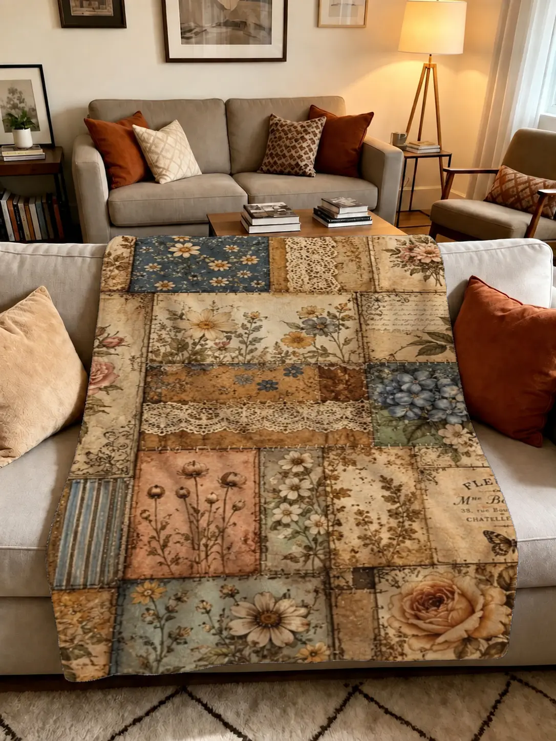 1Pcs Vintage Patchwork Floral Fleece Throw Blanket with Lace Accent, Rustic Farmhouse Style Blanket for Living Room Sofa, Bedroom Decor, Cozy Everyday Use and Seasonal Home Styling