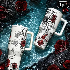 1 Pc 40oz Gothic Rose Spider Web Insulated Mug, Dark Floral Spider Print Tumbler With Handle, Black White Red Rose Design, Double Wall Leak Proof Lid, Large Capacity Travel Cup For Hot Cold Drinks, Halloween Spooky Gift for Women Men