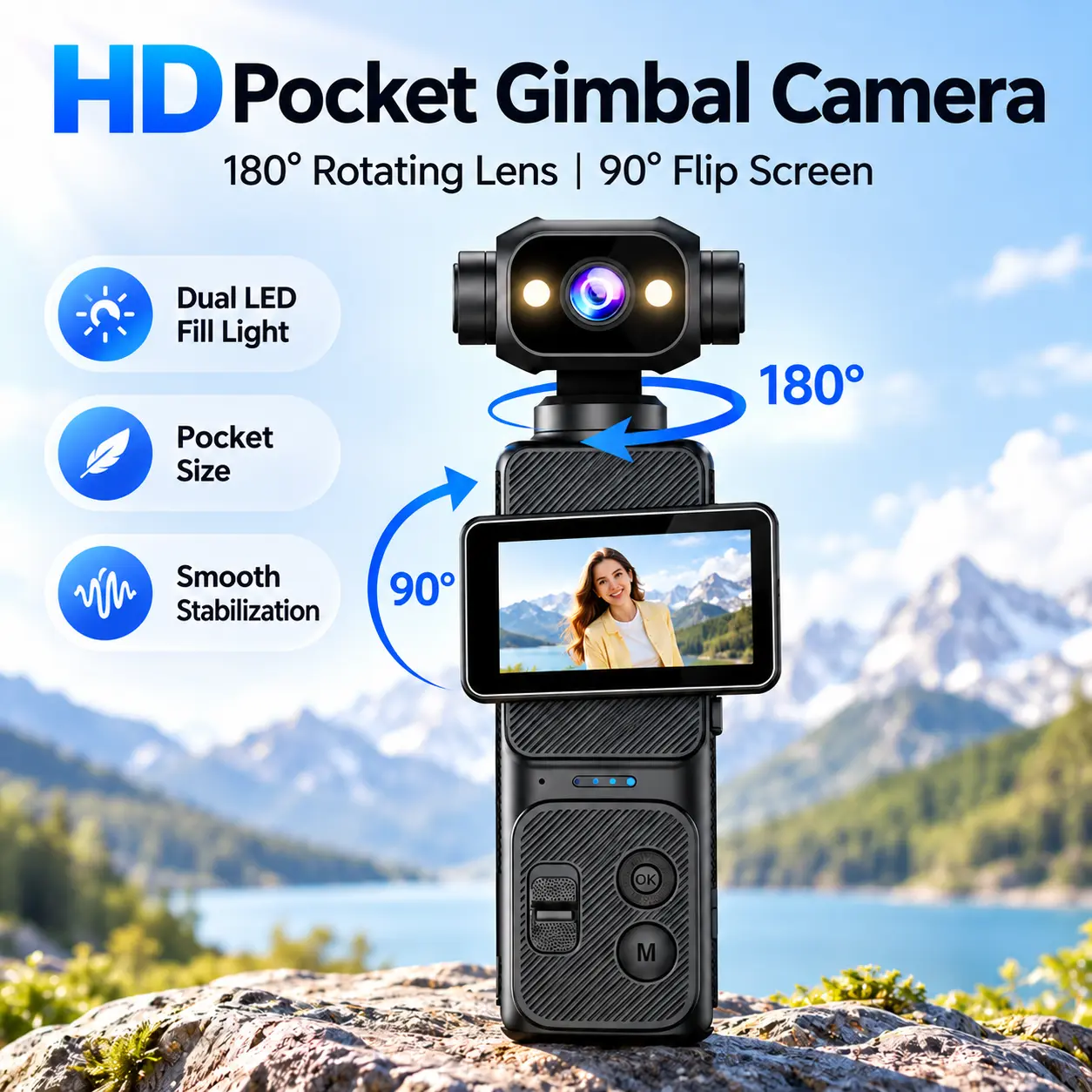 HD Pocket Gimbal Camera Handheld Vlog Video Camera Stabilizer 180 Degree Rotating Lens 90 Degree Flip Screen Dual LED Fill Light Night Recording WiFi Autofocus Compact Mini Camcorder for Selfie Travel Cycling Family Outdoor Vlogging Creator Blogger Gift