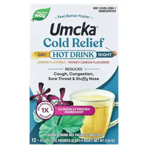 Nature's Way Umcka®, Cold Relief Hot Drink, Day + Night, Ages 6+, Lemon, Honey-Lemon, 12 Packets, 0.17 oz (5 g) Each