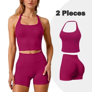 HALO  Impact Halter Top & Butt Lifting Impact Shorts 2 Piece Workout Set Scrunch Butt Gym Outfit for Women